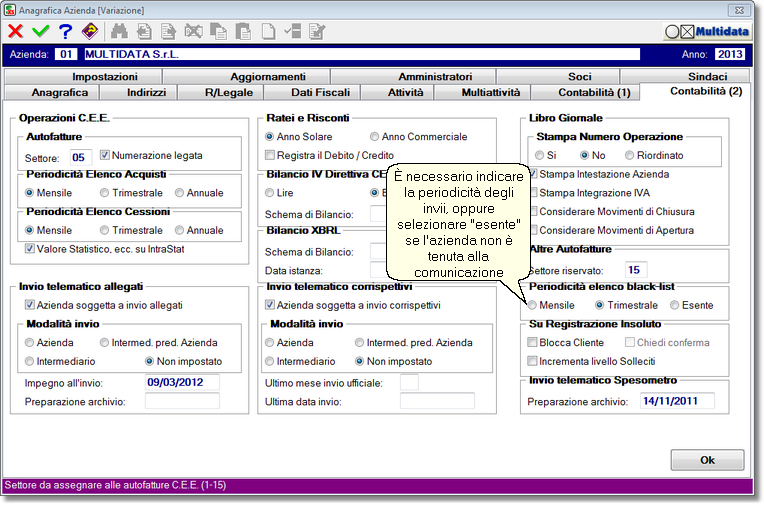 Anagrafica azienda: indicare la periodicità della comunicazione