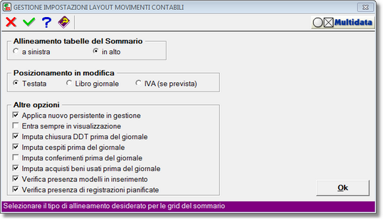 finestra delle impostazioni del programma di prima nota