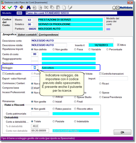 Anagrafica piano dei conti: impostazione del codice noleggio