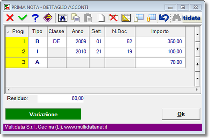 finestra di registrazione degli acconti