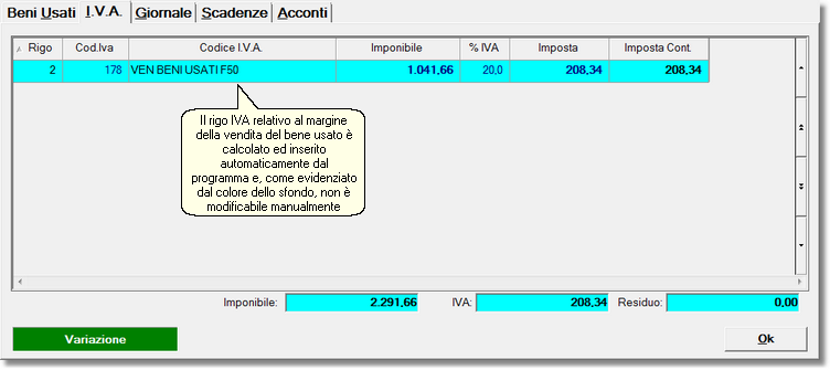 Parte IVA della registrazione, con il rigo relativo al bene usato venduto