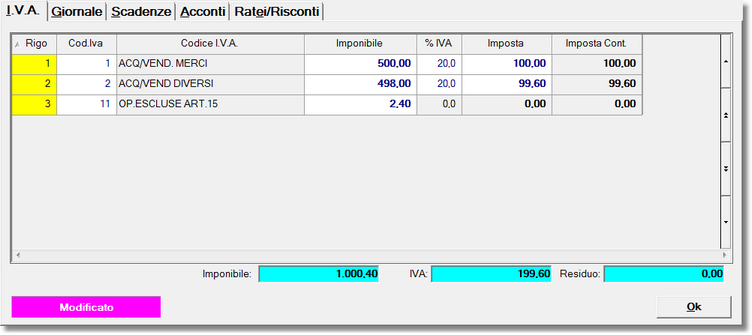 Scheda di gestione IVA della registrazione contabile