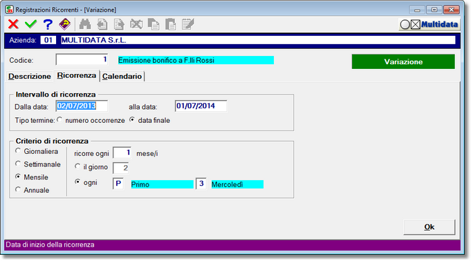 Gestione ricorrenza registrazione