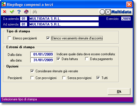 Opzioni di stampa visualizzate con la scelta "Elenco versamento ritenute d'acconto"