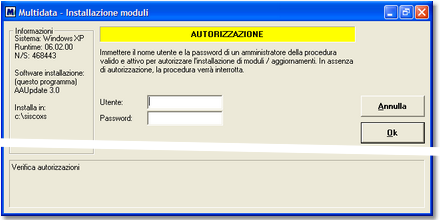 Avvio dell'installazione moduli: è richiesta l'autenticazione