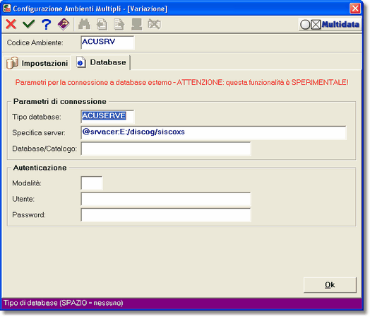 Il tipo di Database per AcuServer è obbligatoriamente ACUSERVE