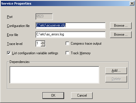 Nell'esempio utilizziamo i file di configurazione e degli errori all'interno della cartella C:\etc. Viene scelto il livello di log 1 (minimo) (max 7)