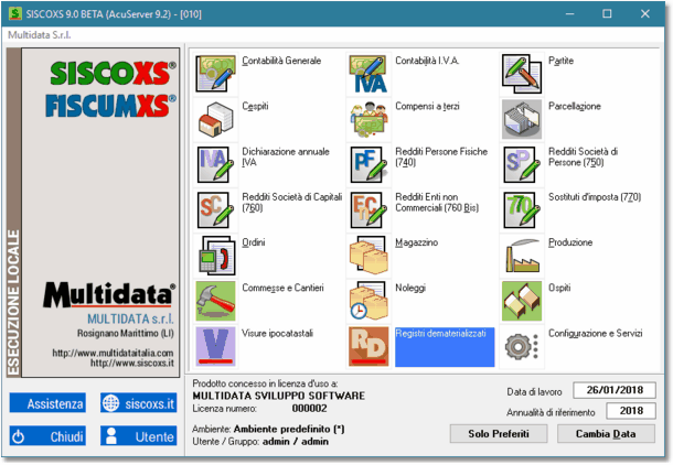 Il pannello iniziale di SISCOXS®. Le voci presenti dipendono sia dai moduli installati che dalle licenze valide immesse. Per le soluzioni FISCUMXS® o REDEMXS l'aspetto è leggermente diverso.