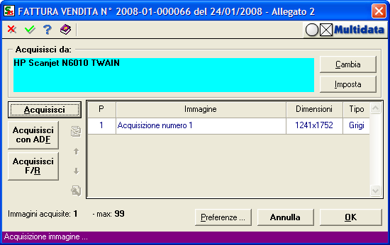 Pannello di gestione dell'acquisizione immagini da scanner