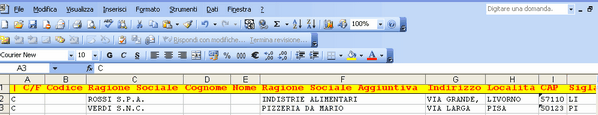 Esempio di preparazione foglio per importazione Clienti