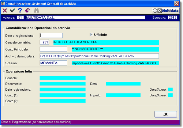 Esempio di importazione di un file di Home Banking 