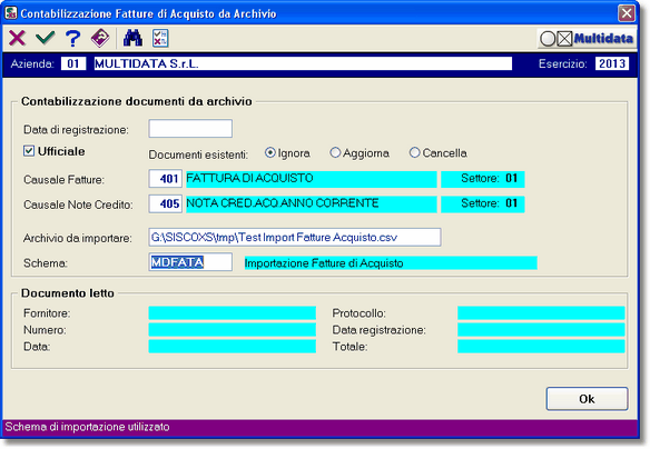 Importazione di un Archivio contenente Fatture o Note di Credito di Acquisto 