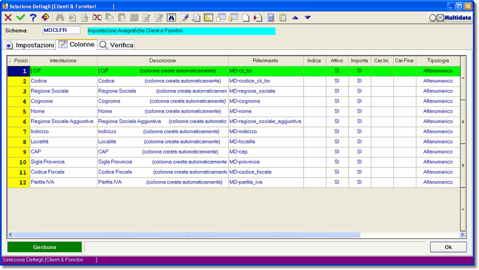 Esempio di Colonne configurate per l'Importazione Clienti e Fornitori