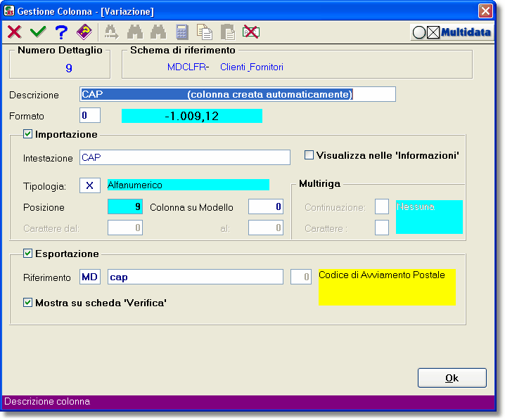 Esempio di configurazione della colonna CAP (Codice di Avviamento Postale)