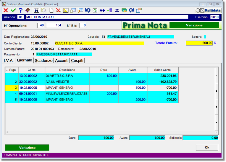 finestra del programma di prima nota