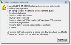 Messaggio di notifica relativo alla invariabilità dei campi relativi ad un documento pagato