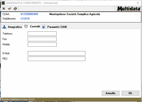 Scheda Contatti dello Stabilimento