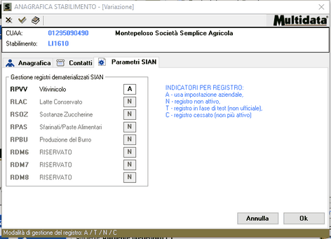 Scheda Parametri SIAN dello Stabilimento