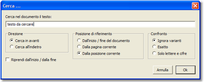 Parametri per la ricerca di testo nel documento visualizzato