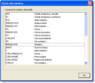 (Elenco dei comandi disponibili da tastiera)