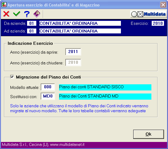 Esempio di apertura di un nuovo esercizio con migrazione del PDC da 000 a MD0
