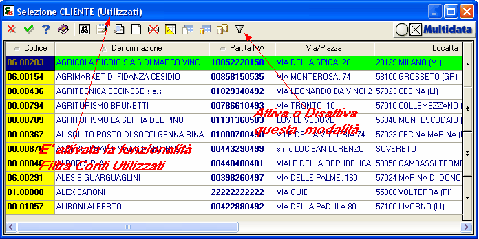 Finestra di Ricerca dei Clienti con l'opzione "Filtra Conti Utilizzati"