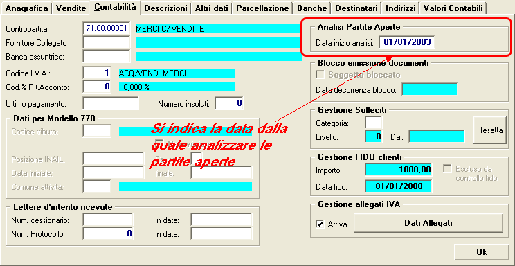 Nell'anagrafica Clienti e Fornitori si può decidere la data di inizio ricerca Partite Aperte 