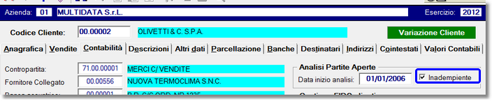 Nel riquadro l'impostazione del cliente come inadempiente: le sue scadenze non vengono conteggiate, ma solo ai fini di previsione di flussi di cassa