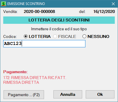 La stessa richiesta con un codice lotteria già immesso, ed un tipo di pagamento non valido.