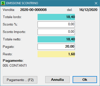 Chiusura con pagamento in contanti. In questo caso viene calcolato il resto a fronte dell'ammontare effettivamente consegnato dal cliente.