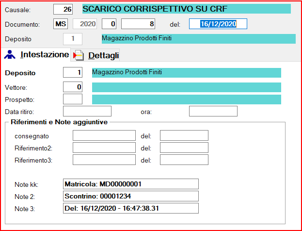 Le informazioni sullo scontrino emesso sono memorizzati nelle note del documento. (immagine con dati simulati)