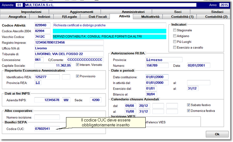 Anagrafica azienda - indicazione del codice CUC